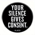 Vintage-Inspired ""Your Silence Gives Consent"" Brooch Pin - Metal Alloy, Black With White Text, Round Accessory
