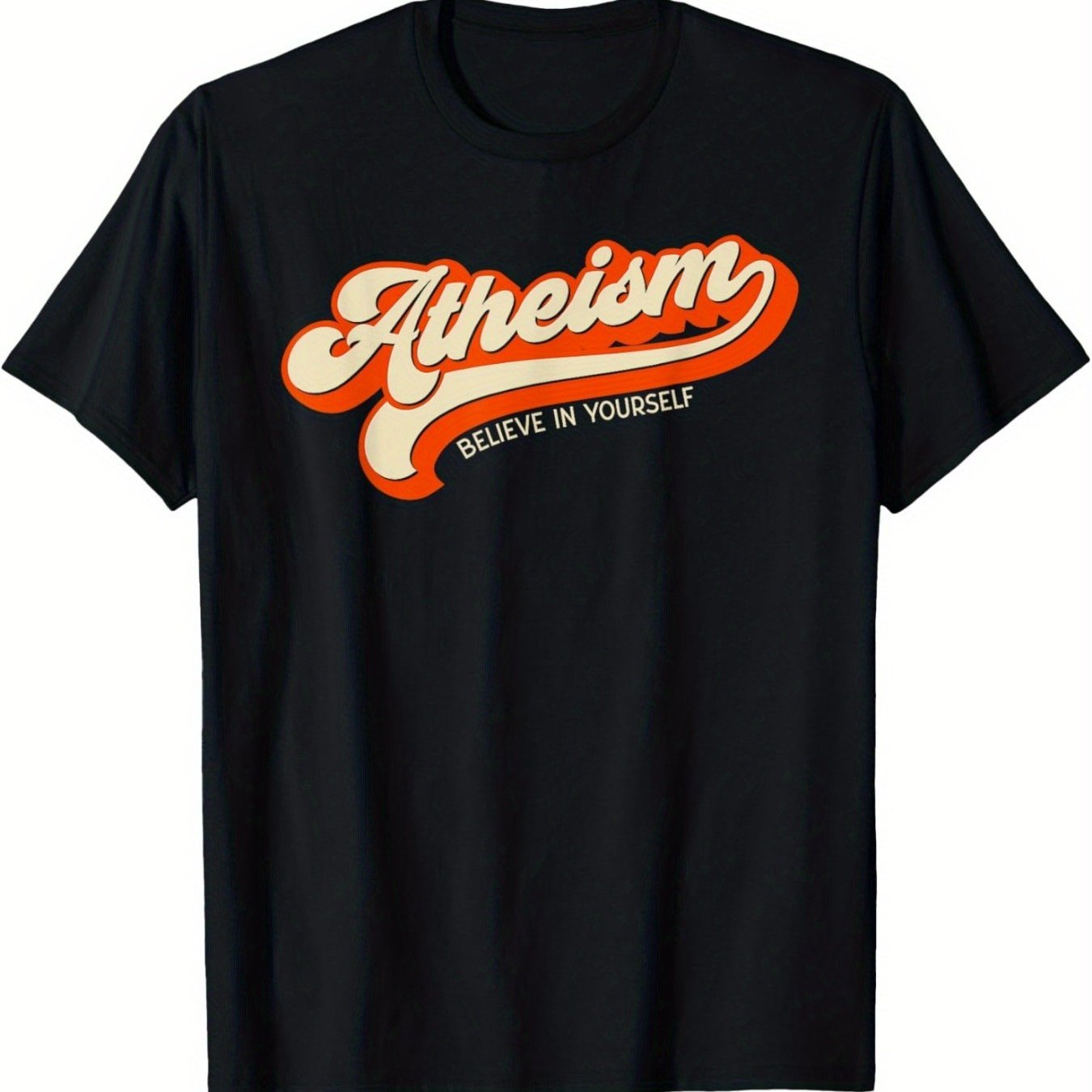 Men'S 180G Pure Tee - Vintage Atheist Self-Belief Design, Black With Orange And White Graphics, Regular Fit Short S