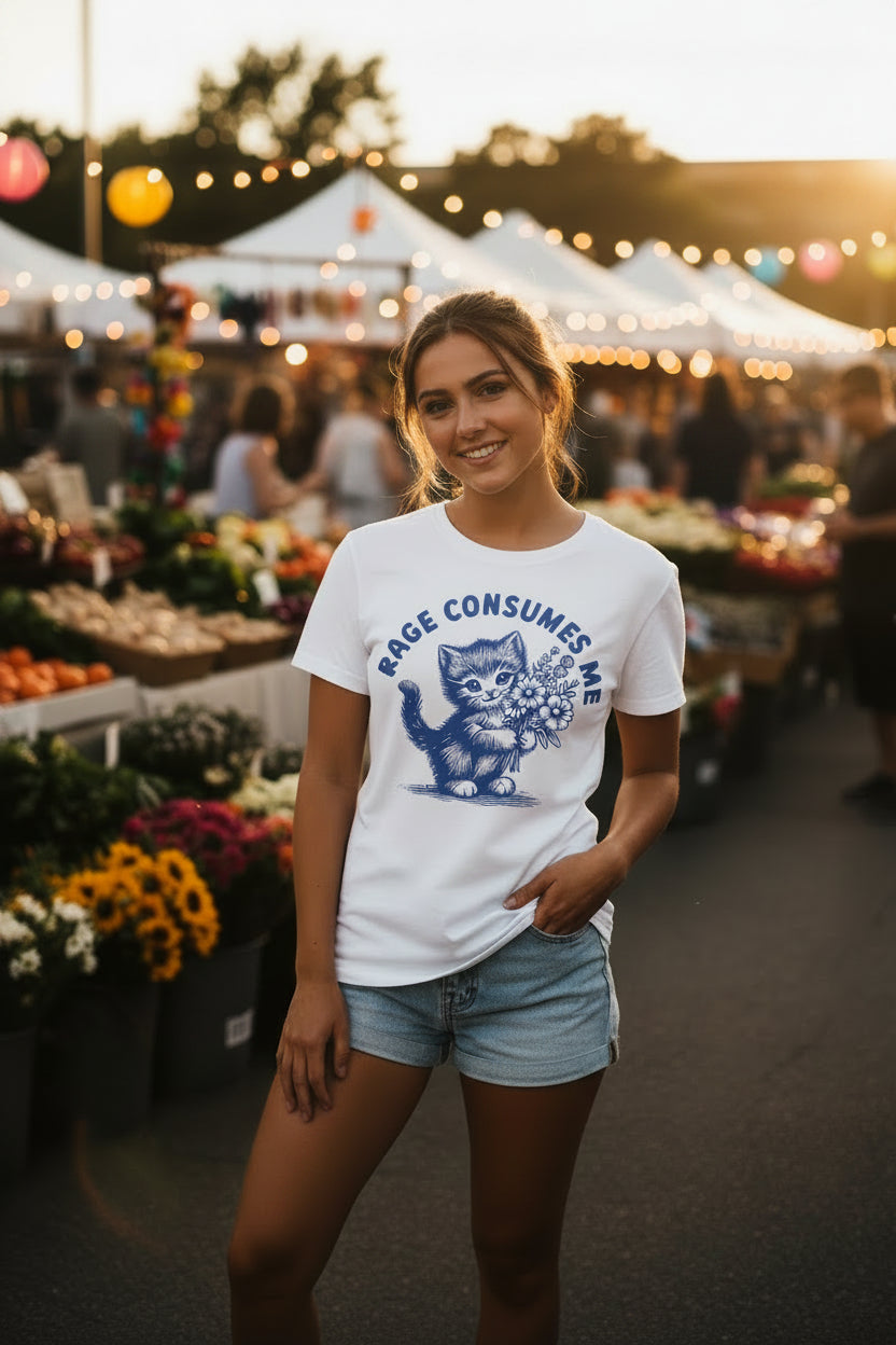 Women'S ""Rage Consumes Me"" Graphic Tee With Cute Cat & Flower Print - Soft Knit Short Sleeve Crew Neck T-Shirt, C