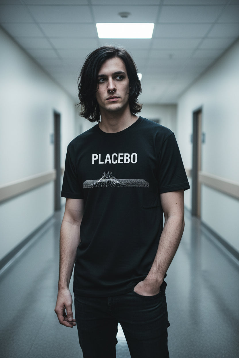 Placebo Men'S Casual Graphic T-Shirt - Black Abstract Mountainwave Print, Breathable Round Neck Summer Tee, Machine