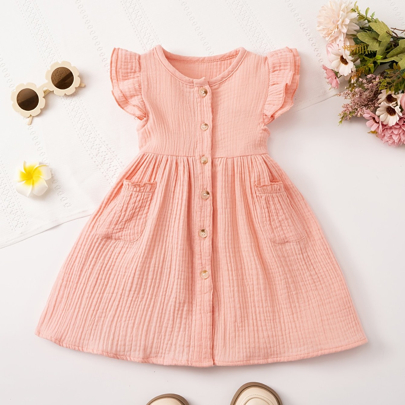 Girl'S Solid Color Small Flutter Sleeve Button Dress With Pockets, Cute And Elegant Vintage Dress, Suitable For Sum