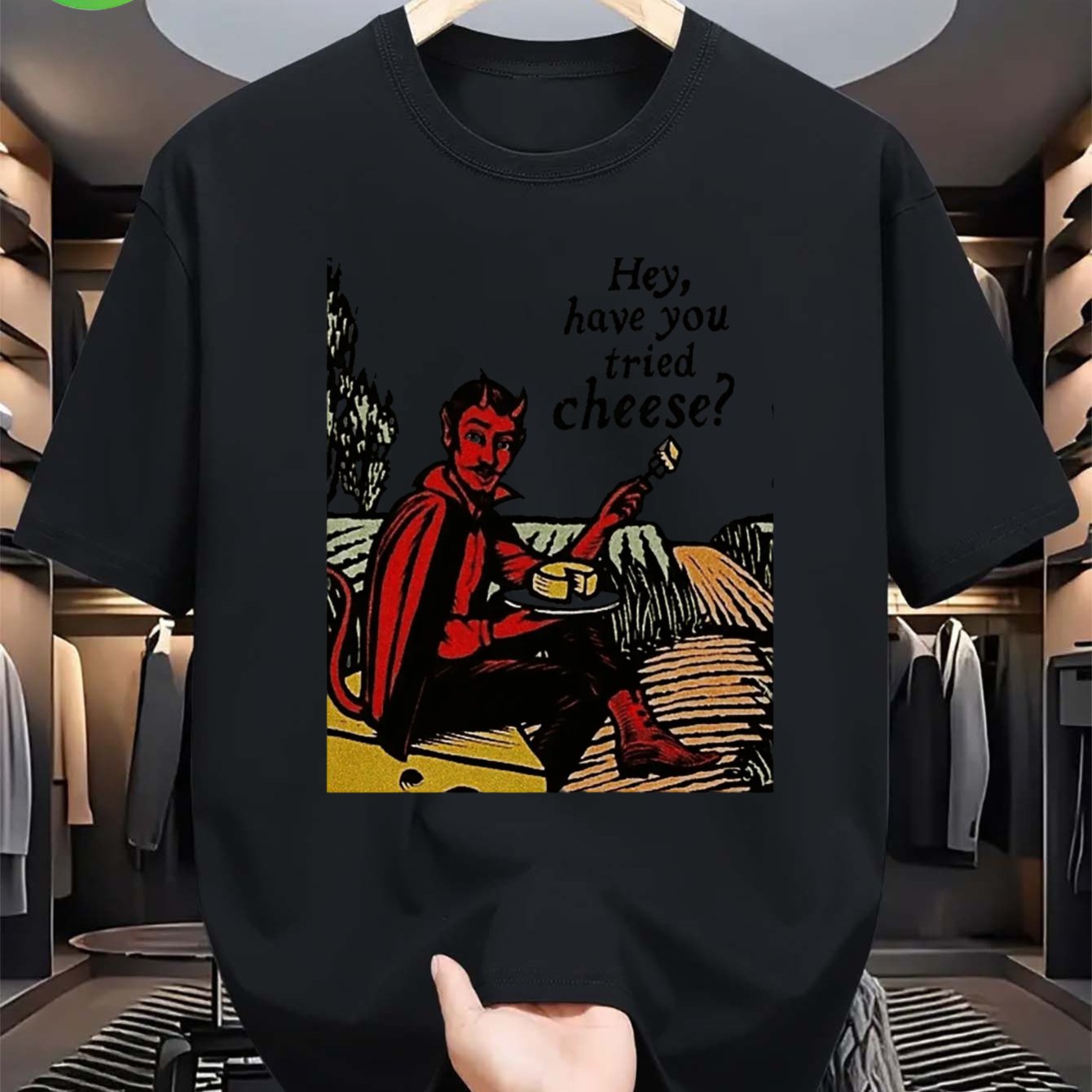Men'S Funny ""Hey Have You Tried Cheese"" Slogan & Devil Character Punk Rock T-Shirt - Soft Casual Short Sleeve Rou