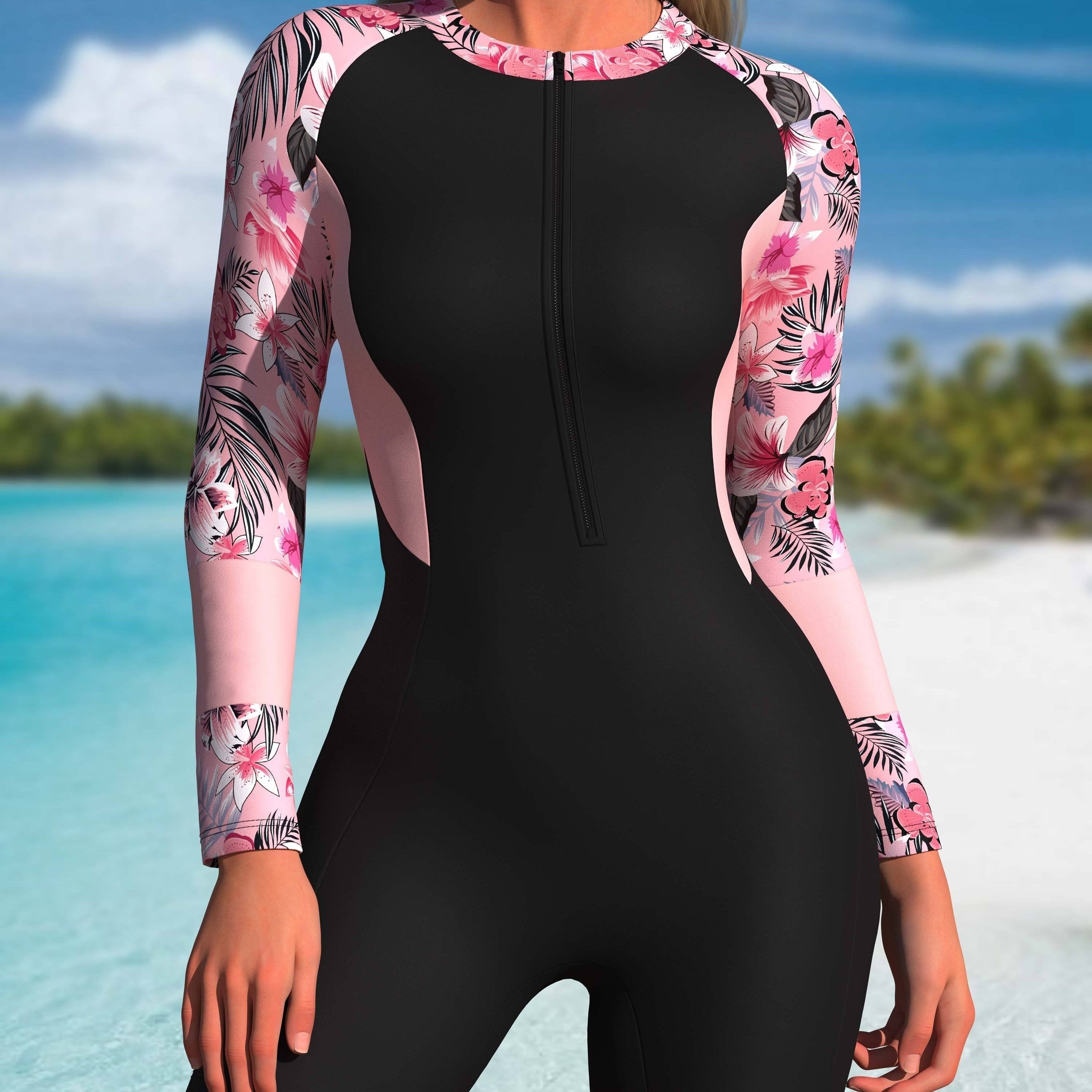 Women'S Swimsuit, Tie-Dye Print, Long Sleeve Zippered Bodycon With Short Pants