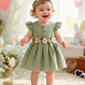 Summer Loose-Fit Dress With Matching Headband - Short Sleeve Flutter Sleeves & Waist Flower Decorations, Soft Breat