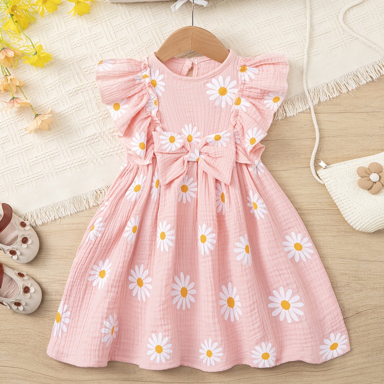 Girls' Sleeveless Dress With Daisy Print And Ruffled Hem