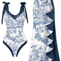 [Two-Piece Swimsuit] A Two-Piece Swimsuit Featuring Character And Plant Patterns, With A V-Neck And Tie Straps, Alo