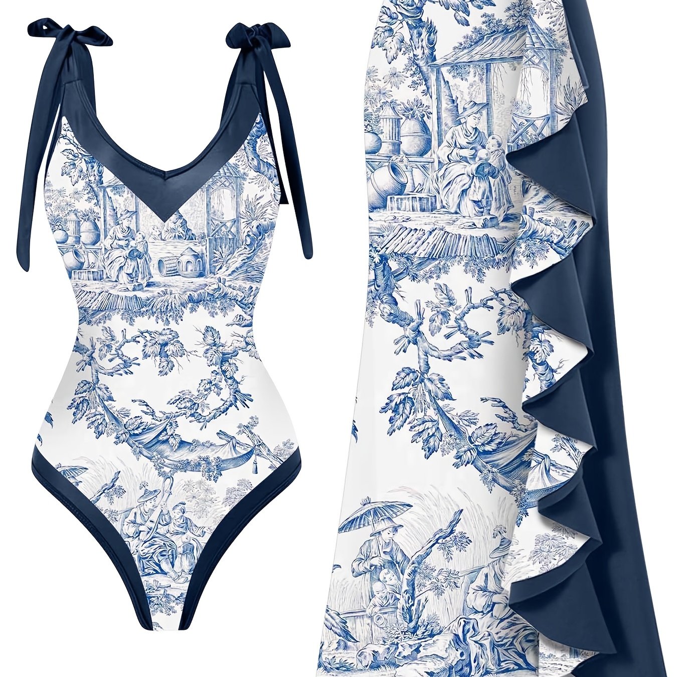 [Two-Piece Swimsuit] A Two-Piece Swimsuit Featuring Character And Plant Patterns, With A V-Neck And Tie Straps, Alo