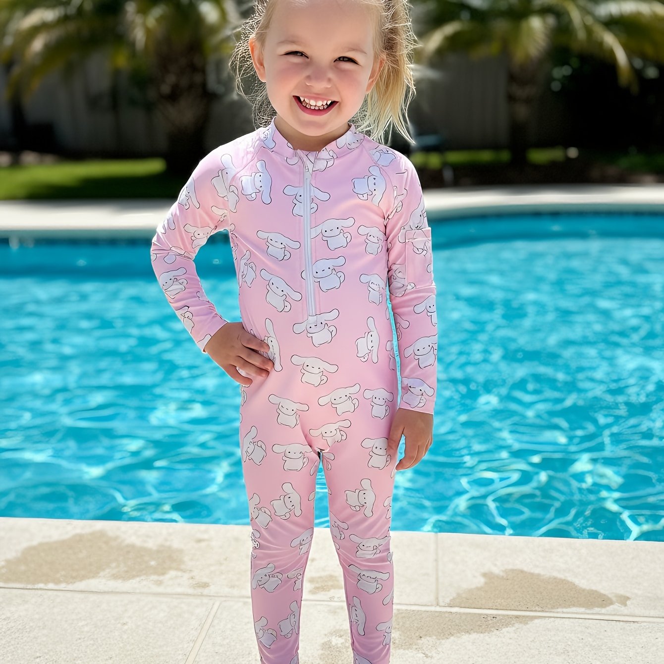 Cinnamoroll Children'S Long-Sleeve 1Pc Swimsuit, Cute Cartoon Zipper Style, Girls' Beach Swimwear, Single Piece