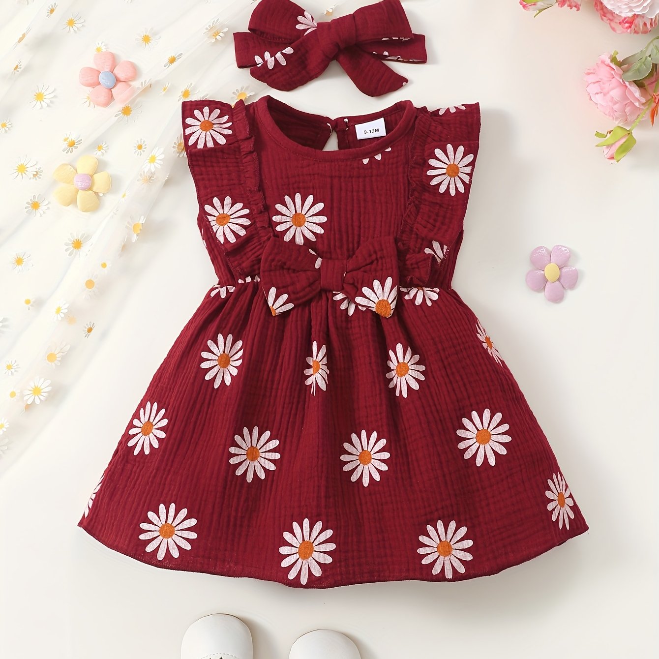 Brownbark 2Pcs Girls' Summer Cute Daisy Sleeveless Dress + Headscarf, Casual Style