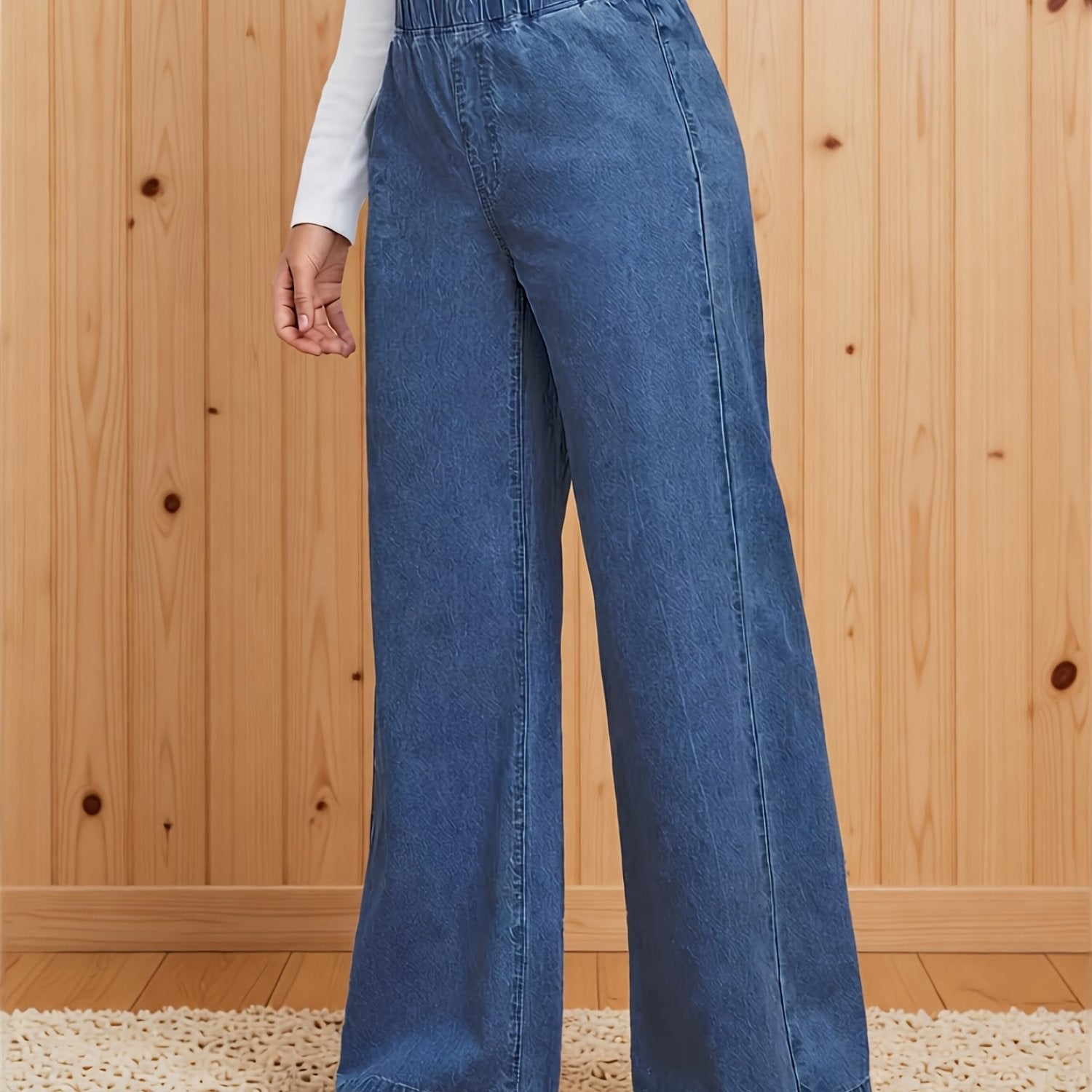 Elegant High-Waist Wide Leg Jeans | Deep Blue, Elastic Waist, Non-Stretch Fabric, Washed Detail, Suitable For All S