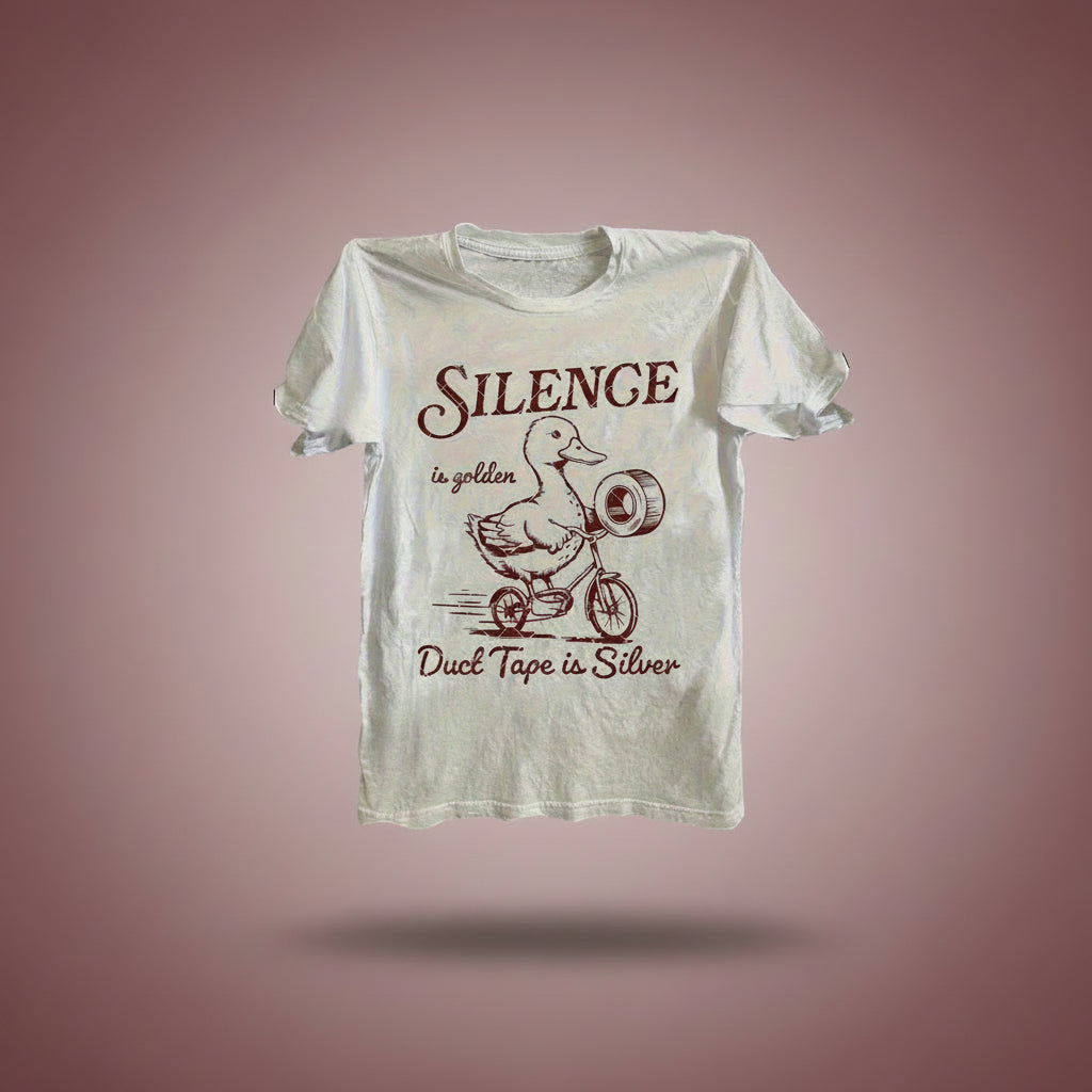 Men'S Retro Humorous T-Shirt - ""Silence Is Golden"" Duck Tape Graphic Print, 100% Cotton Crew Neck Short Sleeve, F