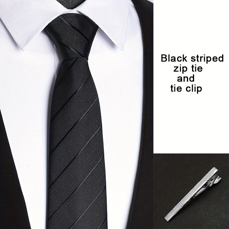 2Pcs/Set Men'S No-Tie Zipper Business Tie Set, One-Button Instant Tie, No Knotting, 8Cm/3.15In Striped Multicolor T