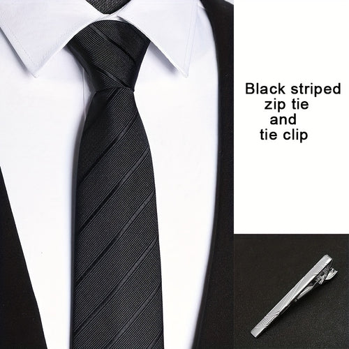 2Pcs/Set Men'S No-Tie Zipper Business Tie Set, One-Button Instant Tie, No Knotting, 8Cm/3.15In Striped Multicolor T
