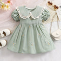 Girls' Summer Short Sleeve Long Stem Chrysanthemum Full Body Embroidery Lace Collar Dress, Casual Elegant Dress