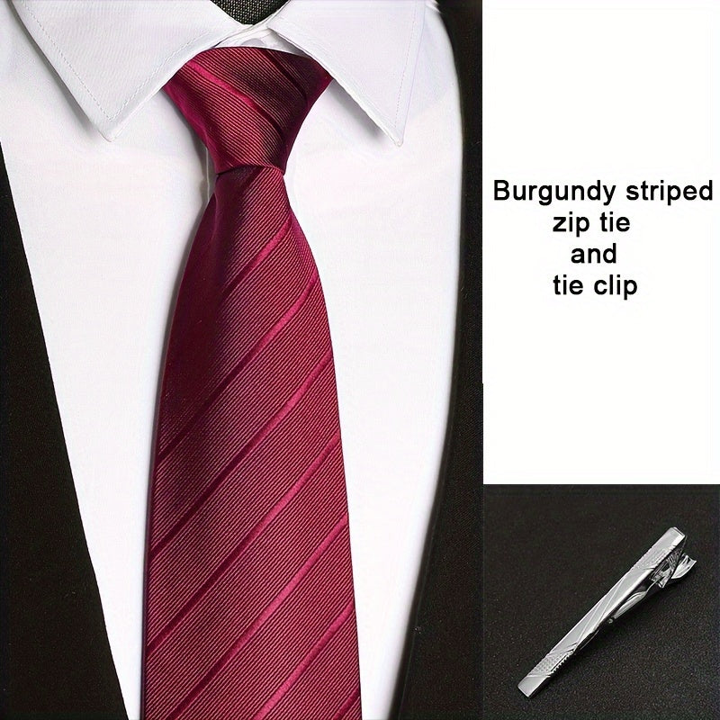2Pcs/Set Men'S No-Tie Zipper Business Tie Set, One-Button Instant Tie, No Knotting, 8Cm/3.15In Striped Multicolor T