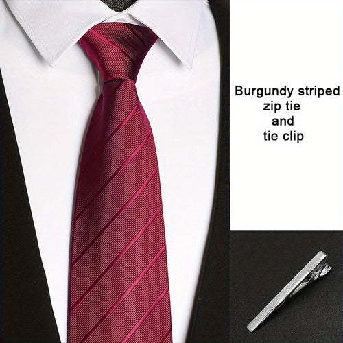 2Pcs/Set Men'S No-Tie Zipper Business Tie Set, One-Button Instant Tie, No Knotting, 8Cm/3.15In Striped Multicolor T
