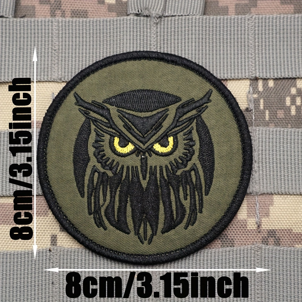 An Owl Embroidered Patch With Tactical Hook-And-Loop Backing + Vest/Harness Badge, Embroidered Hook-And-Loop Fasten