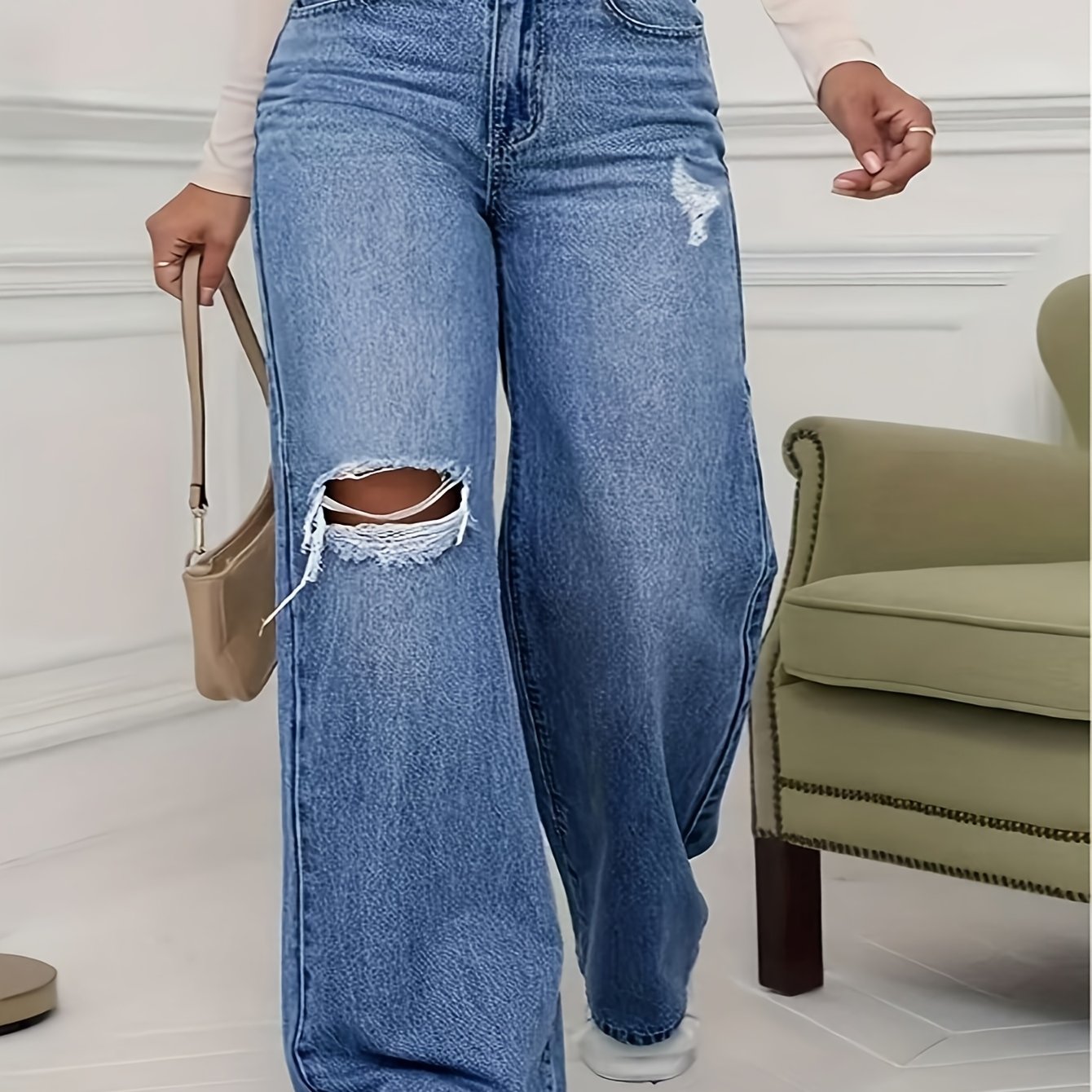 [Trendy Ripped Denim] Popular In Europe And America - Women'S Trendy Ripped Denim Long Pants