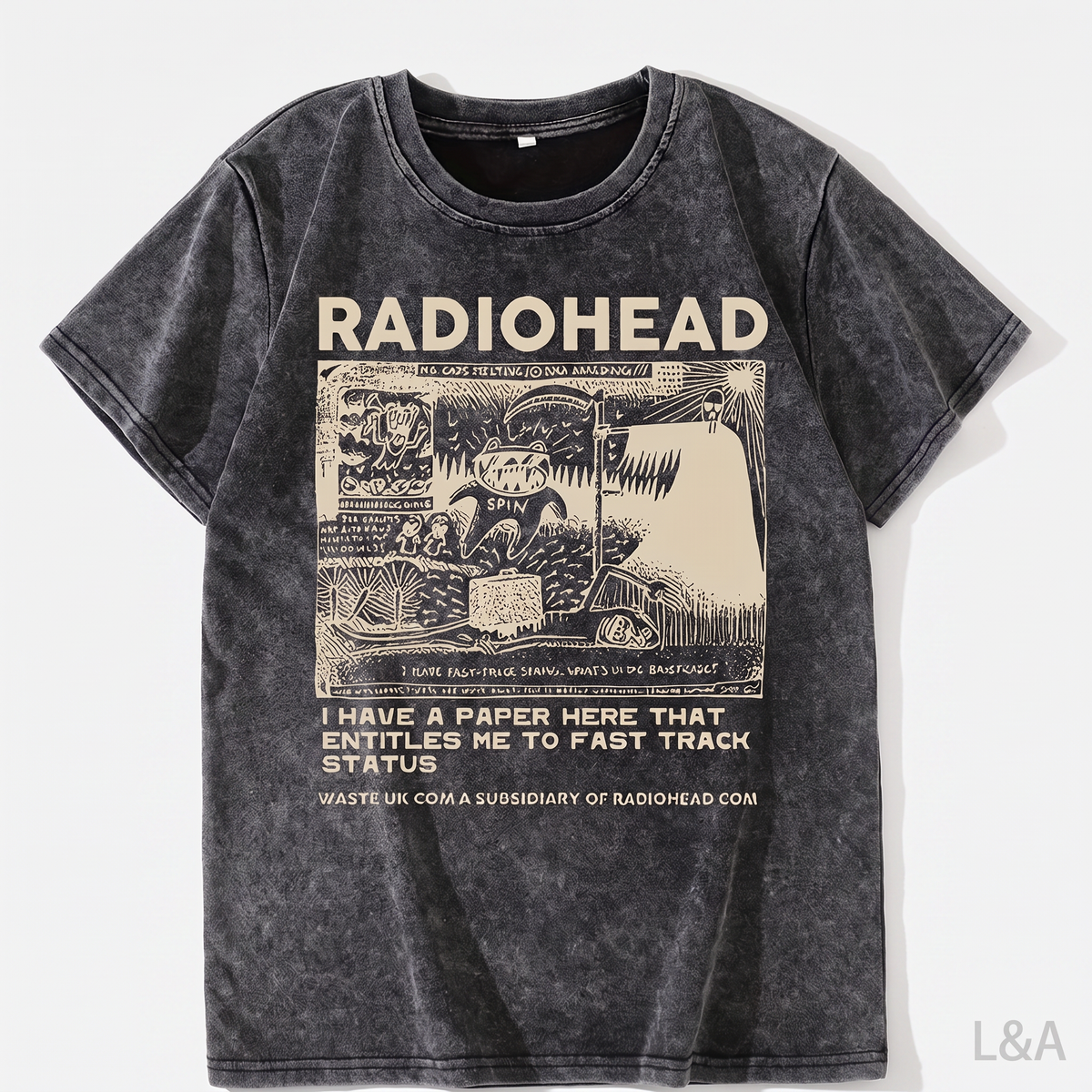 Vintage Band Tee Funny Lyrics Print on plain background with L&A watermark