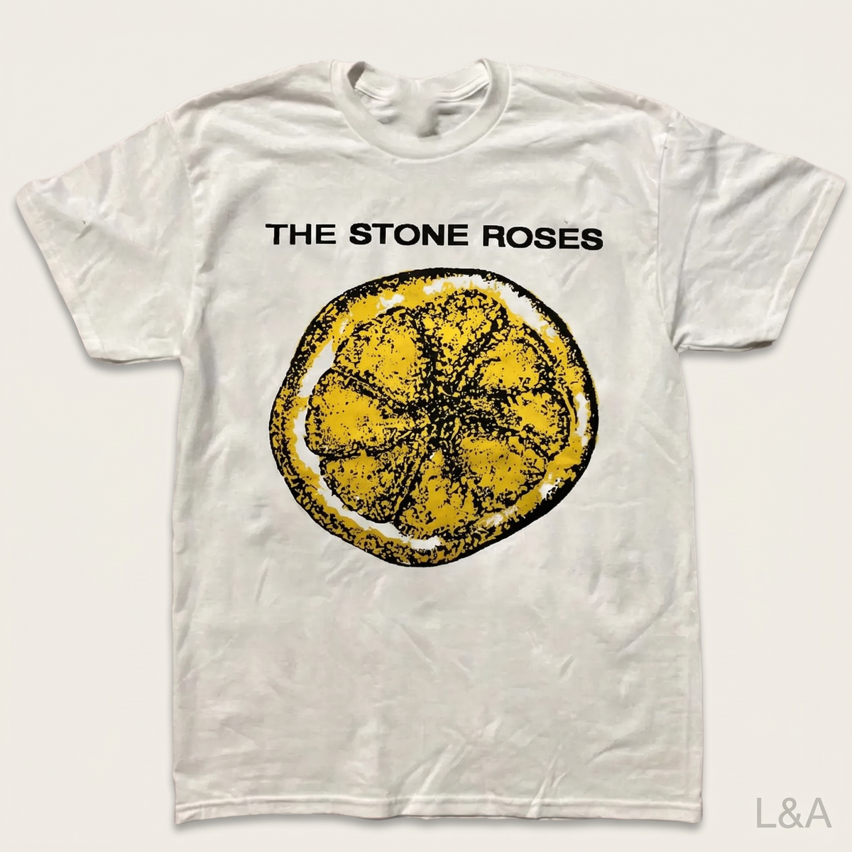 Stone Roses Lemon Vintage T-Shirt on plain background with L&A watermark