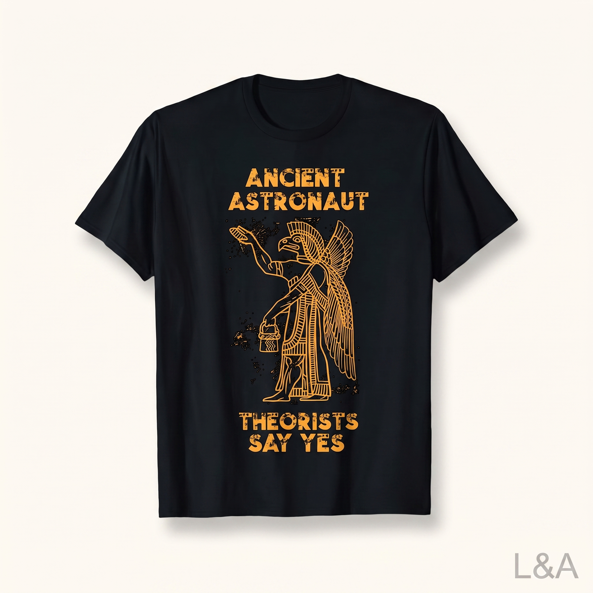 Anunnaki Alien Graphic T-Shirt on plain background with L&A watermark