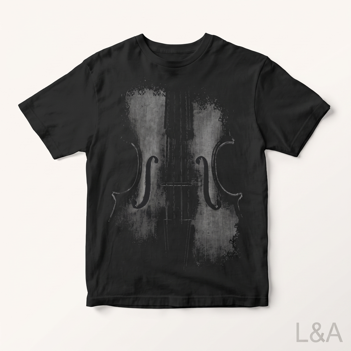 Violin Graphic T-Shirt on plain background with L&A watermark