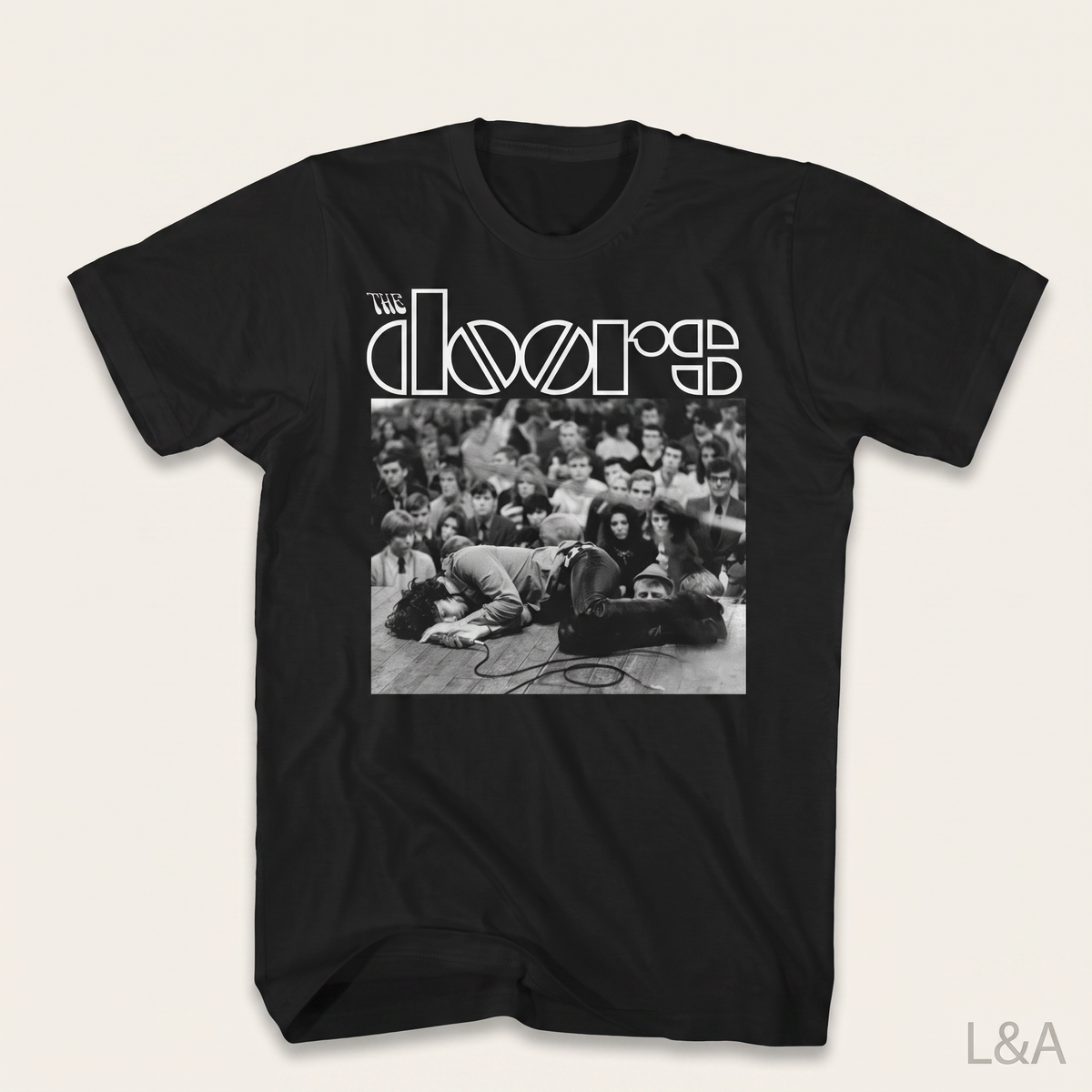 Jim Morrison The Doors Retro T-Shirt on plain background with L&A watermark