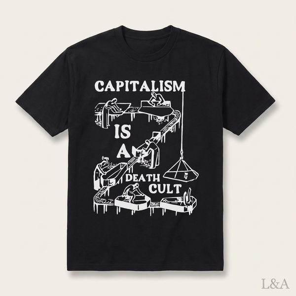 Capitalism Is A Death Cult Graphic T-Shirt on plain background with L&A watermark