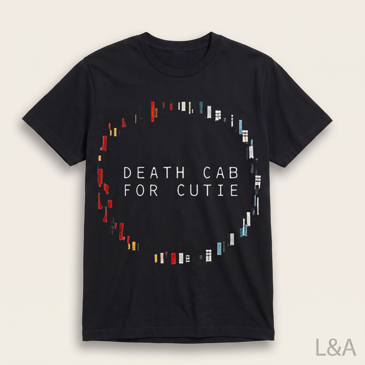 Death Cab for Cutie Tracklist T-Shirt on plain background with L&A watermark