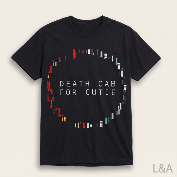 Death Cab for Cutie Tracklist T-Shirt on plain background with L&A watermark