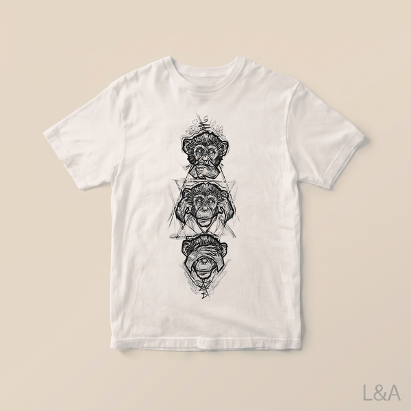 Three Wise Monkeys Graphic T-Shirt on plain background with L&A watermark