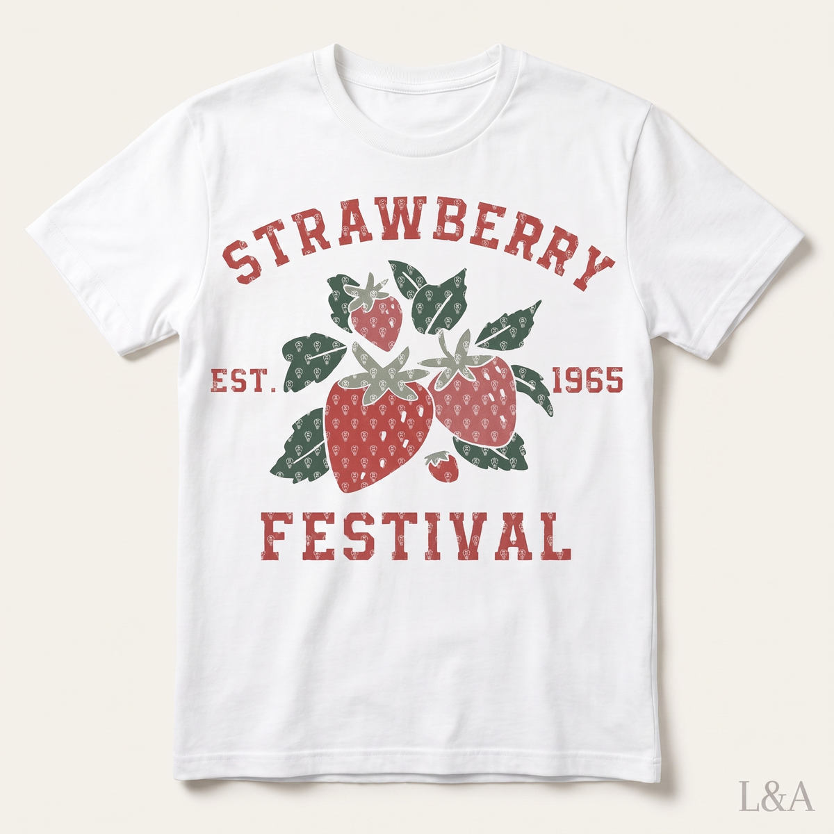 Vintage Strawberry Festival T-Shirt on plain background with L&A watermark
