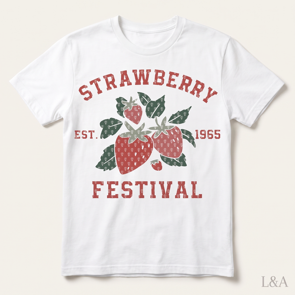Vintage Strawberry Festival T-Shirt on plain background with L&A watermark