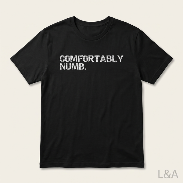 Comfortably Numb Song Print T-Shirt on plain background with L&A watermark
