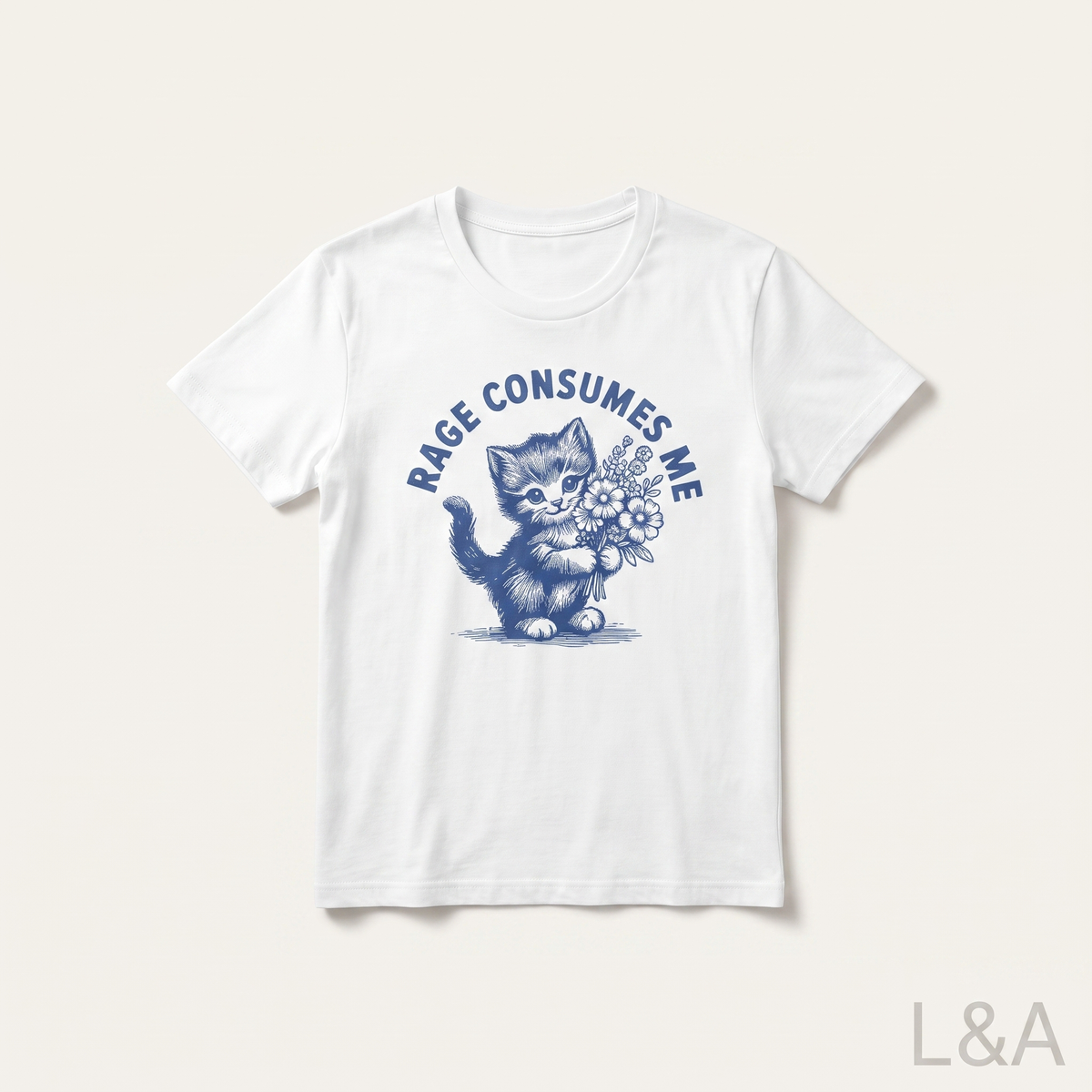 Rage Consumes Me Cat Graphic T-Shirt on plain background with L&A watermark