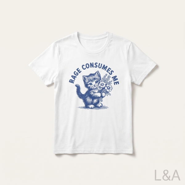 Rage Consumes Me Cat Graphic T-Shirt on plain background with L&A watermark