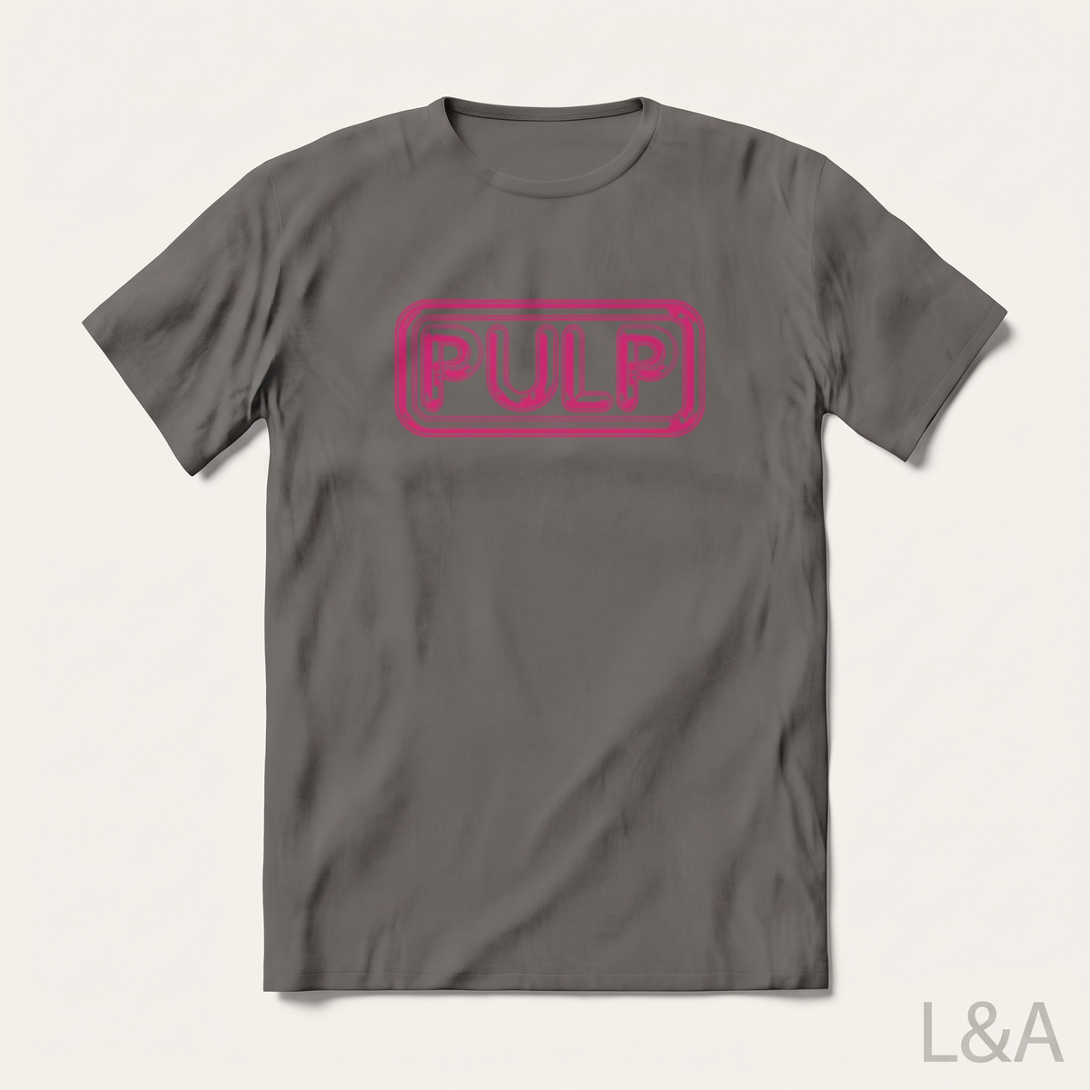 Pulp Lettering T-Shirt on plain background with L&A watermark