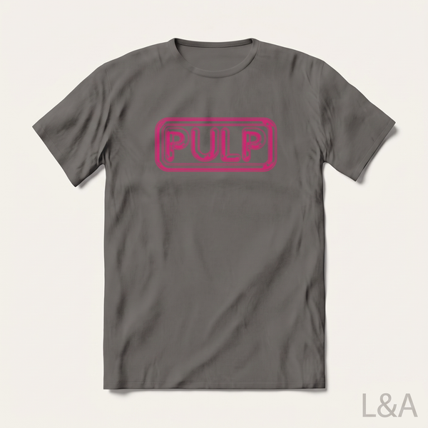 Pulp Lettering T-Shirt on plain background with L&A watermark