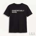 Comfortably Numb Crack Print T-Shirt on plain background with L&A watermark