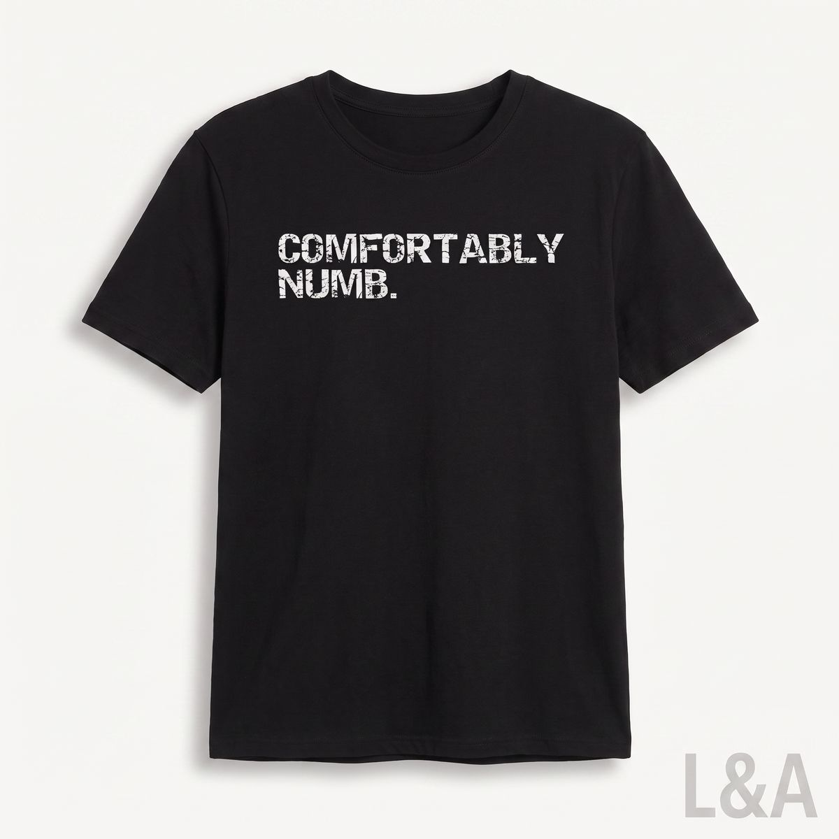 Comfortably Numb Crack Print T-Shirt on plain background with L&A watermark