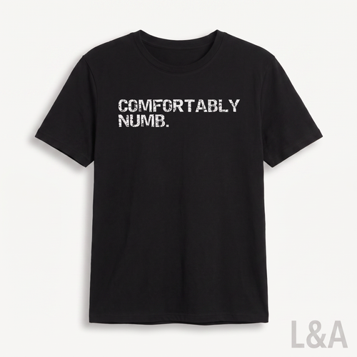 Comfortably Numb Crack Print T-Shirt on plain background with L&A watermark