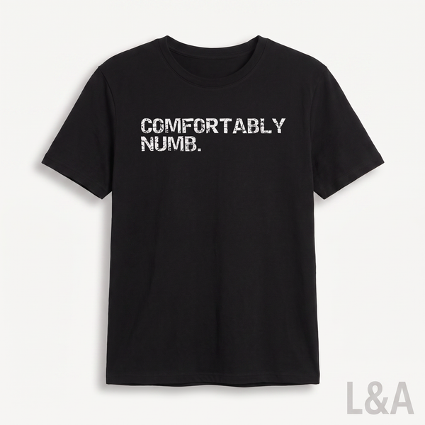 Comfortably Numb Crack Print T-Shirt on plain background with L&A watermark
