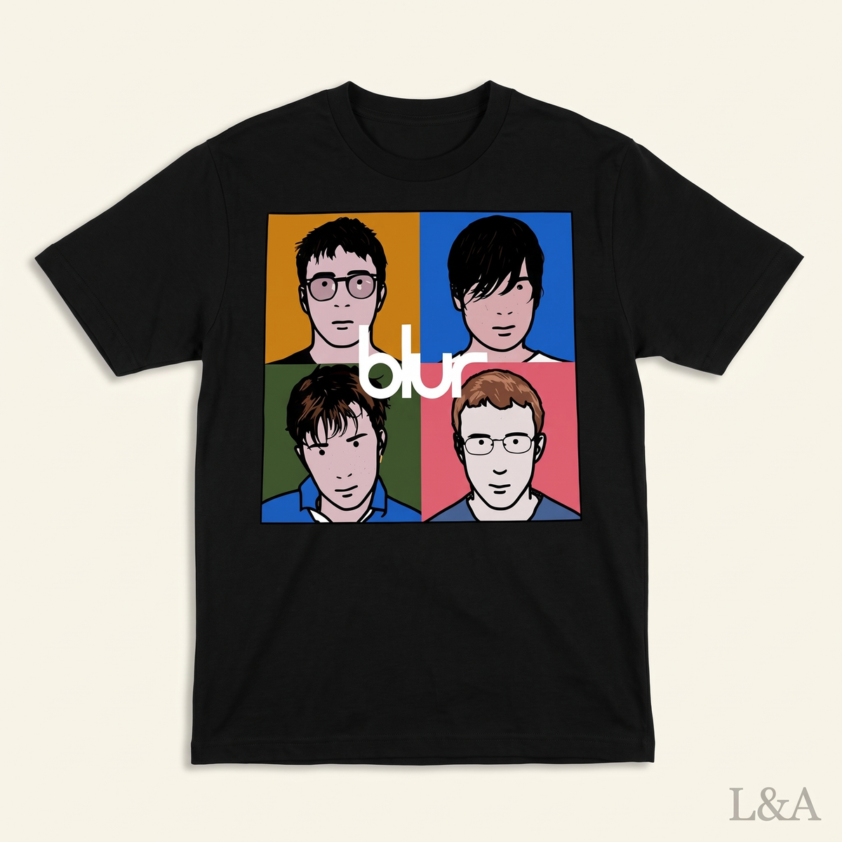 Blur Retro Band T-Shirt on plain background with L&A watermark