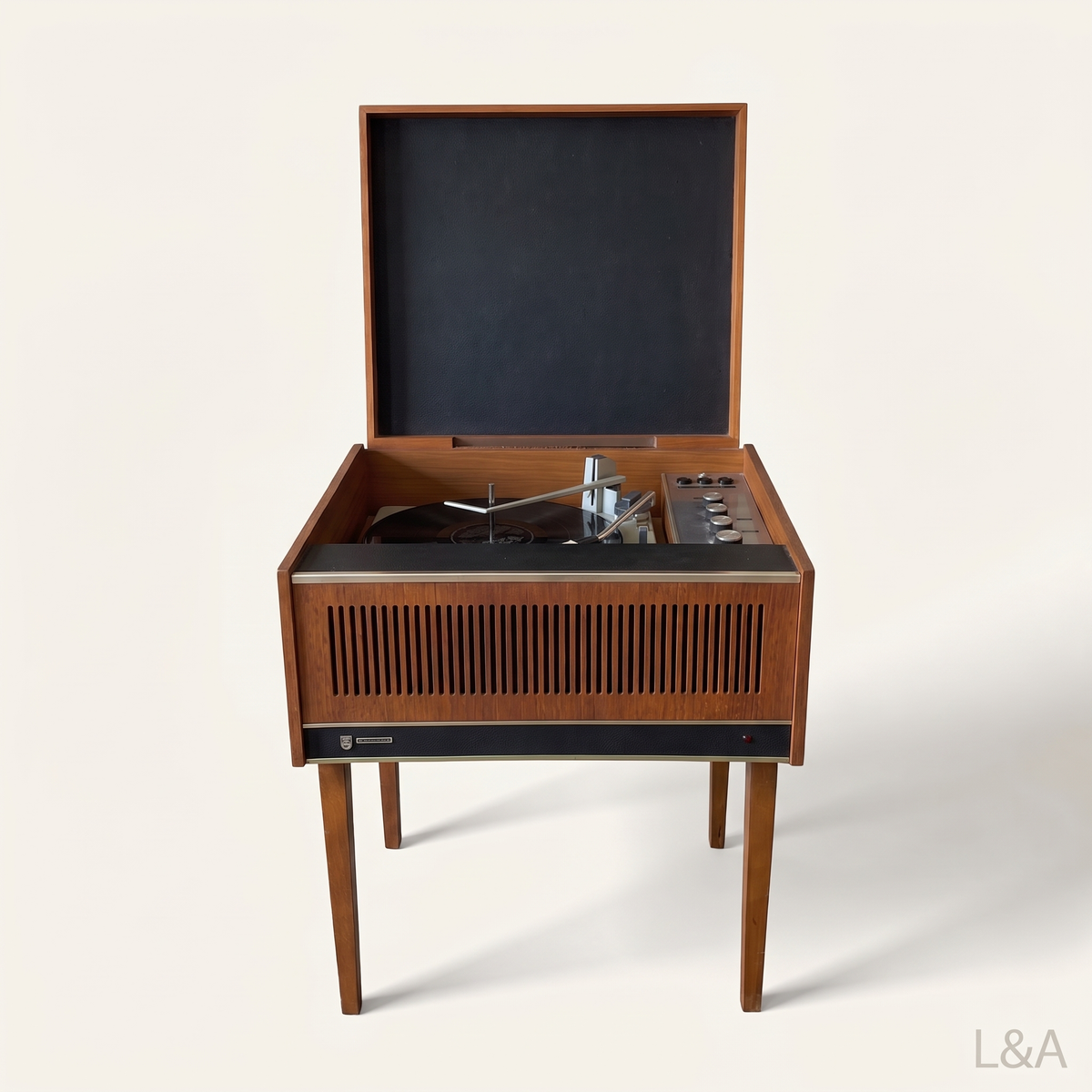 Vintage 1966 Philips teak record player, front view