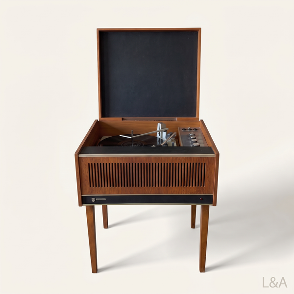 Vintage 1966 Philips teak record player, front view