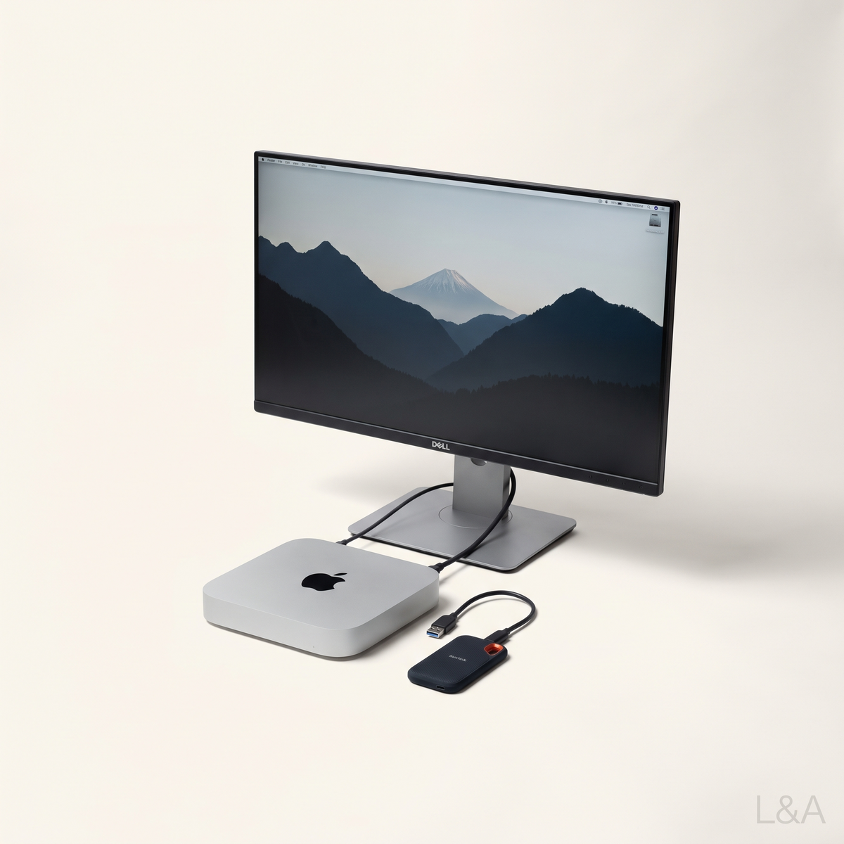 Apple Mac Mini M4 connected to Dell monitor with SanDisk SSD