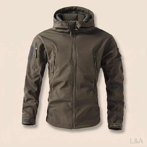 Fleece-Lined Tactical Winter Jacket - flat lay on cream background