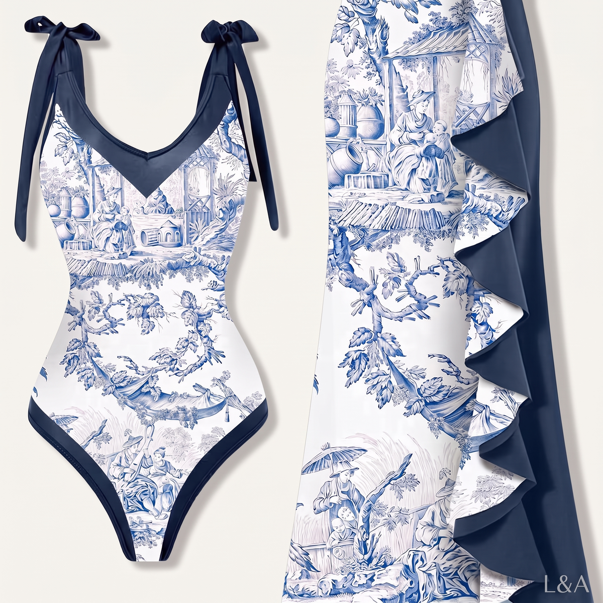Printed Two-Piece Swimsuit with Cover-Up - flat lay on cream background