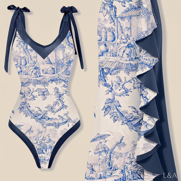 Printed Two-Piece Swimsuit with Cover-Up - flat lay on cream background