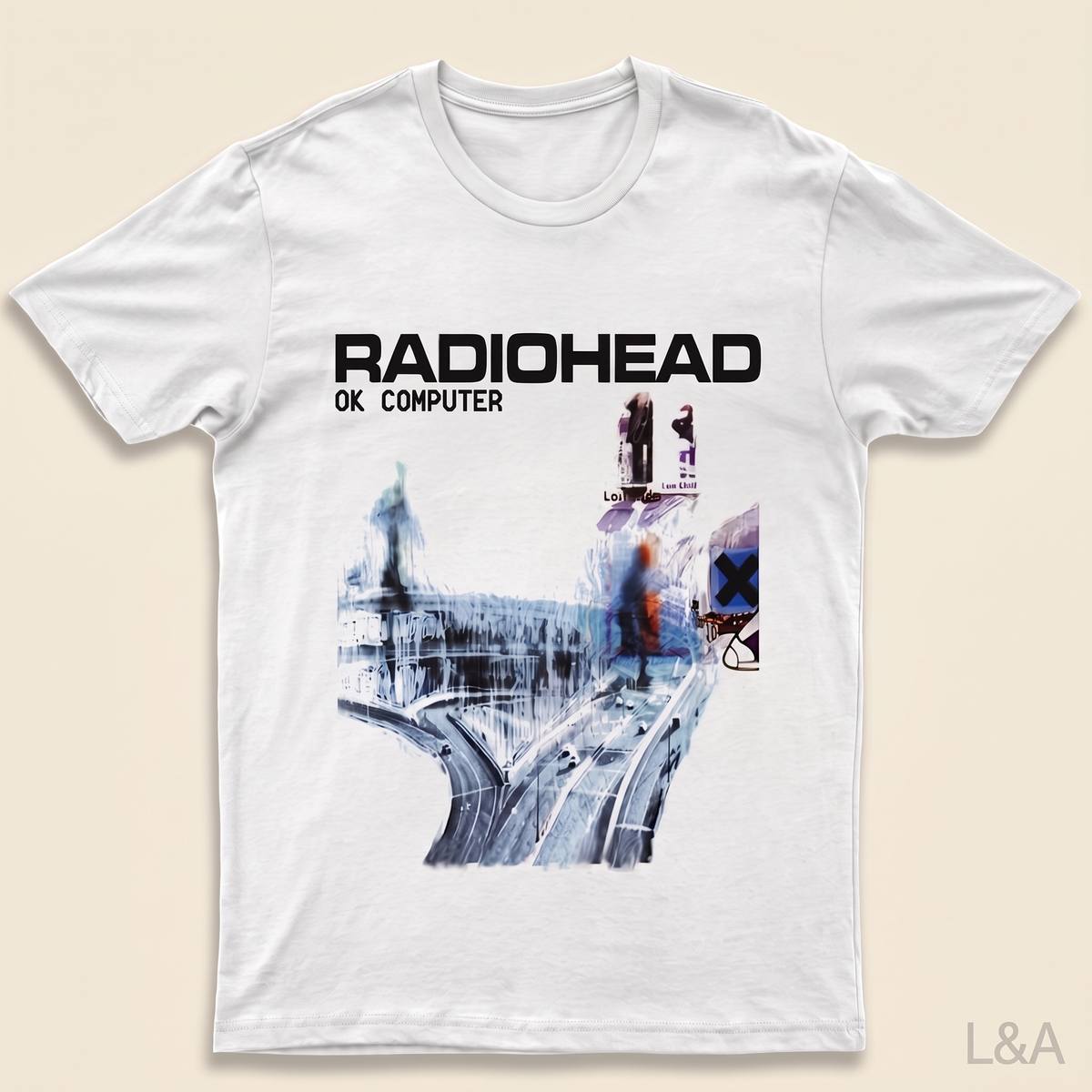 Radiohead OK Computer Album Cover T-Shirt - flat lay on cream background